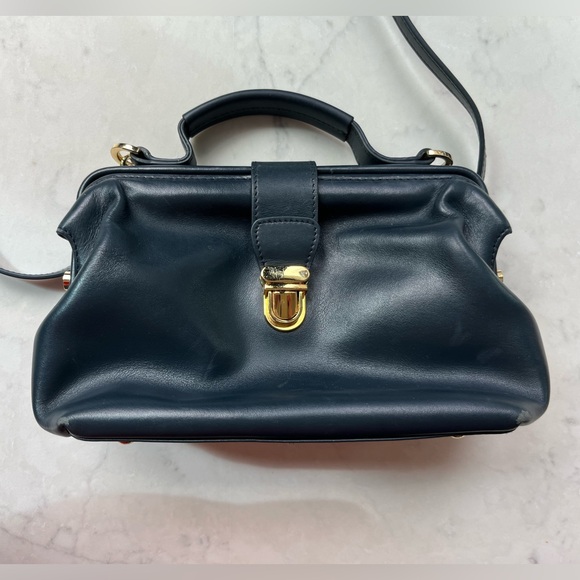 Linjer Handbags - Linjer Navy Leather Crossbody Doctor Style Bag w/ Gold Hardware